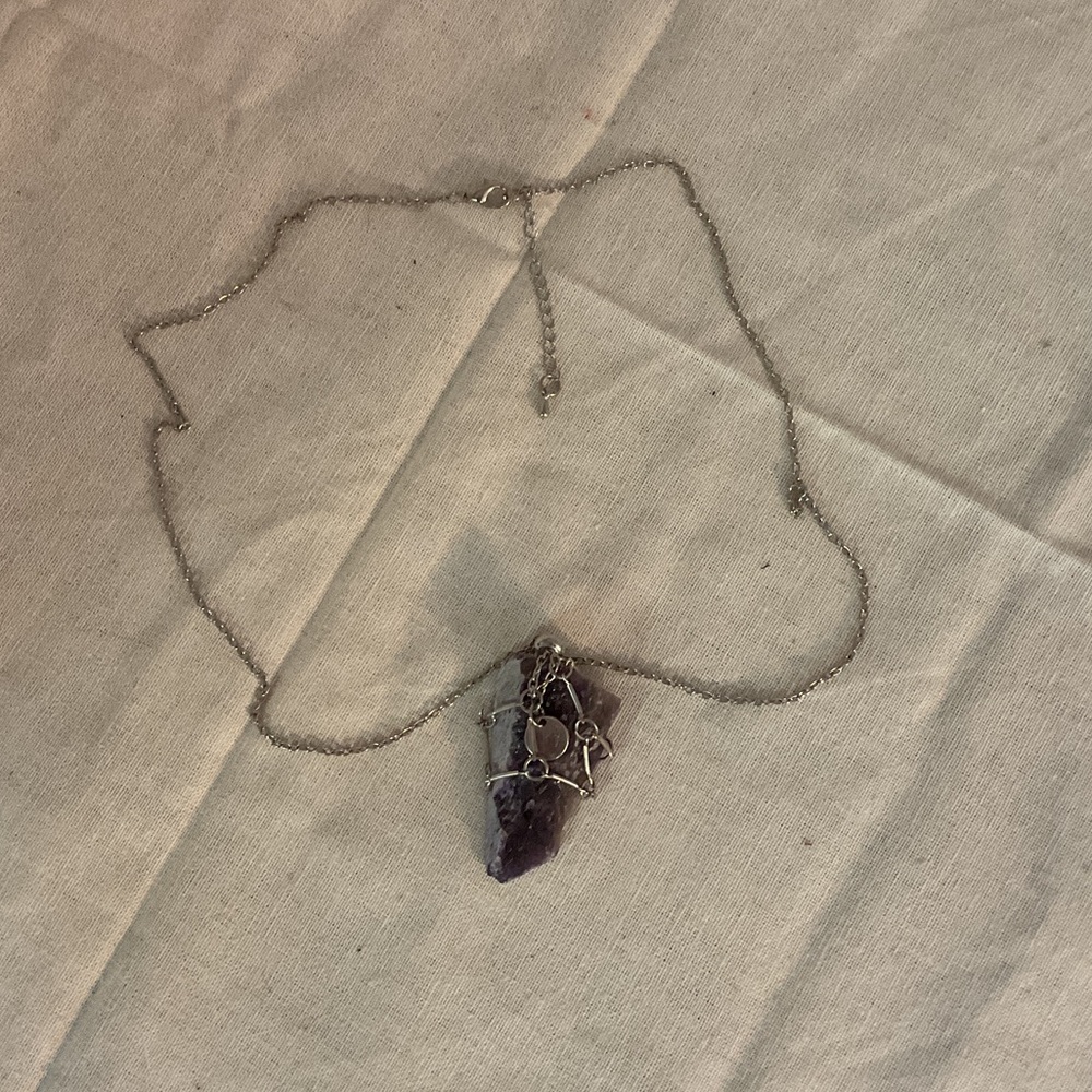 Sale! Red Chamber Silver Tone Chain Necklace w/Wrapped Raw Amethyst Crystal NWOT